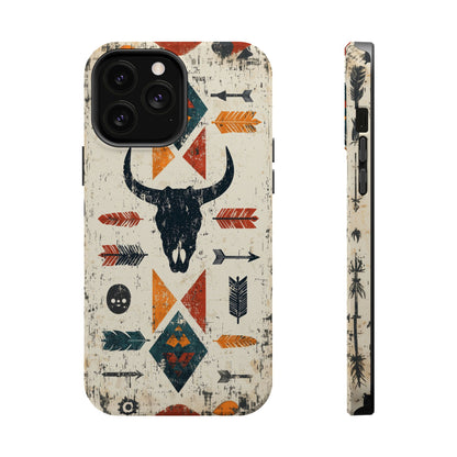 Tribal Bull Skull & Arrows Tough MagSafe iPhone Case – Rustic Western Design, Dual-Layer Protection