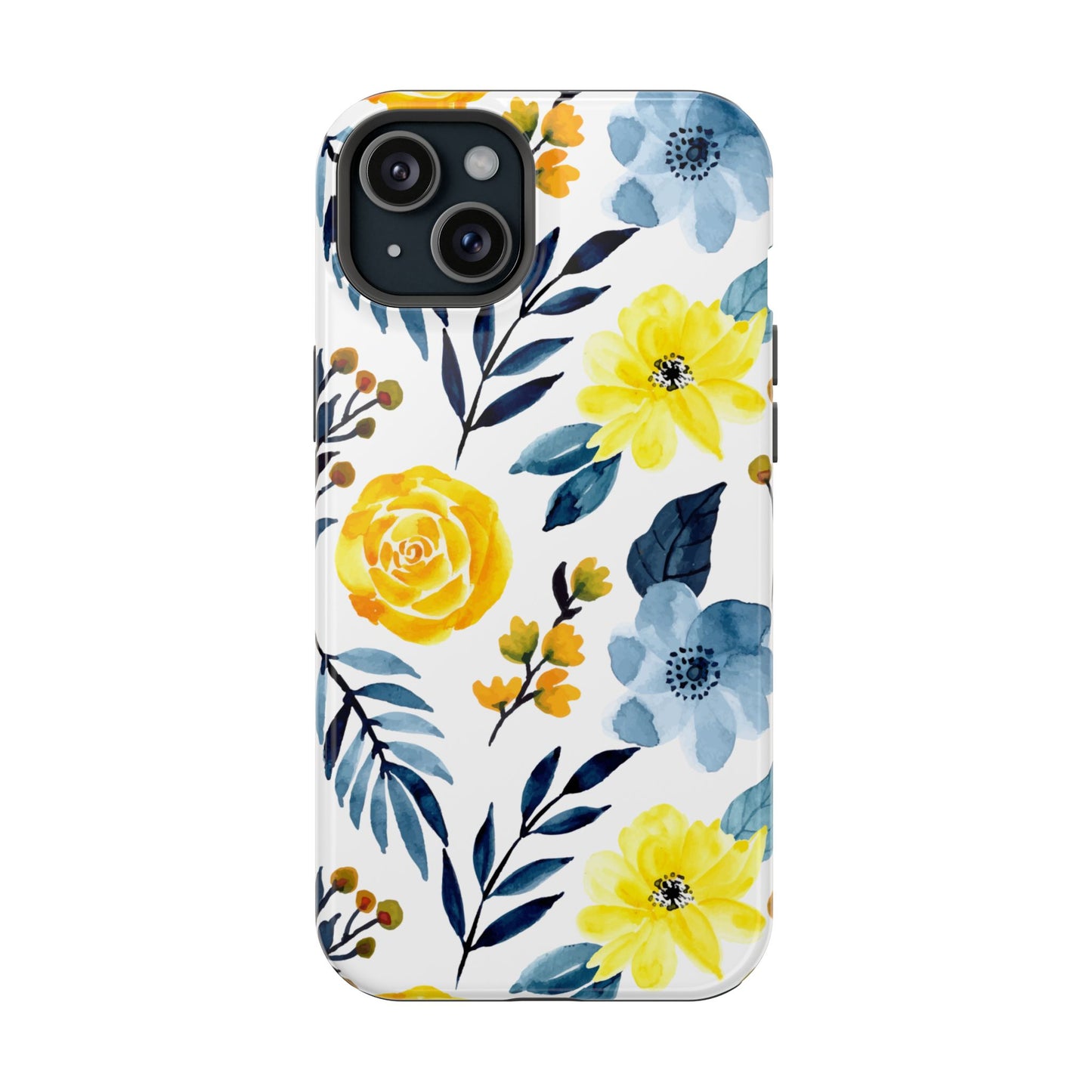 Golden Yellow & Sky Blue Floral – Watercolor Botanical MagSafe iPhone Case