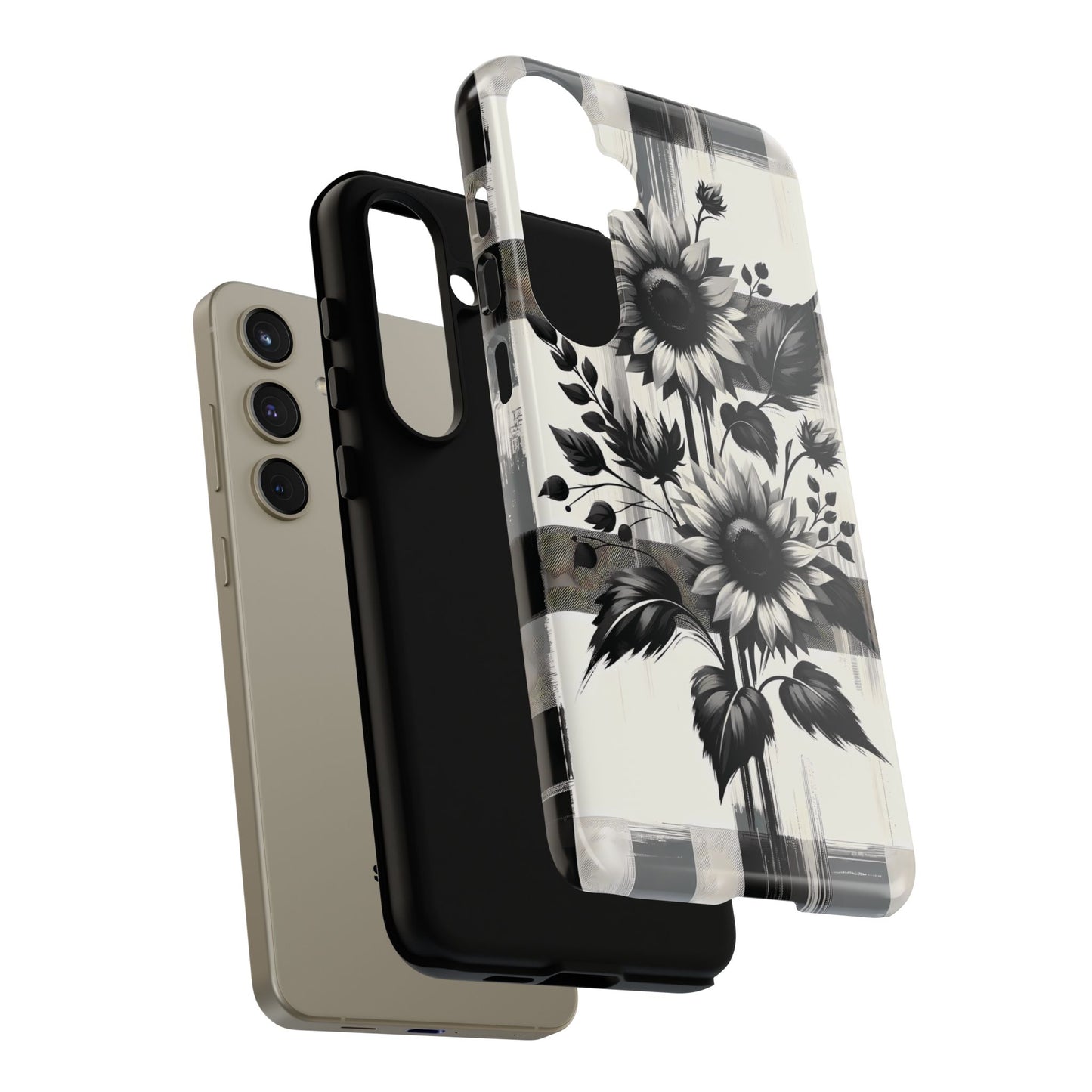 Black/White Sunflower Plaid Phone Case - Chic Noir Sunflower Plaid - Premium Protective Phone Case For iPhone, Samsung Galaxy, & Google. - BOGO Cases