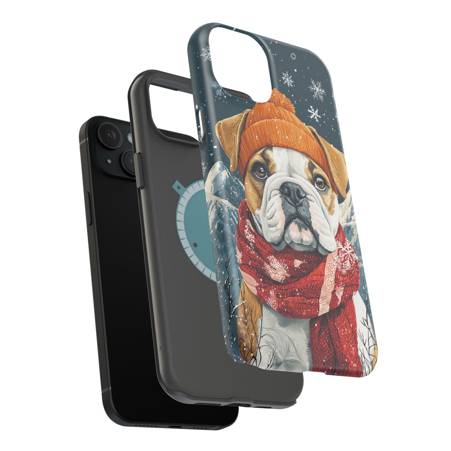 Cozy French Bulldog MagSafe iPhone Case – Rustic Fireplace Protective Cover