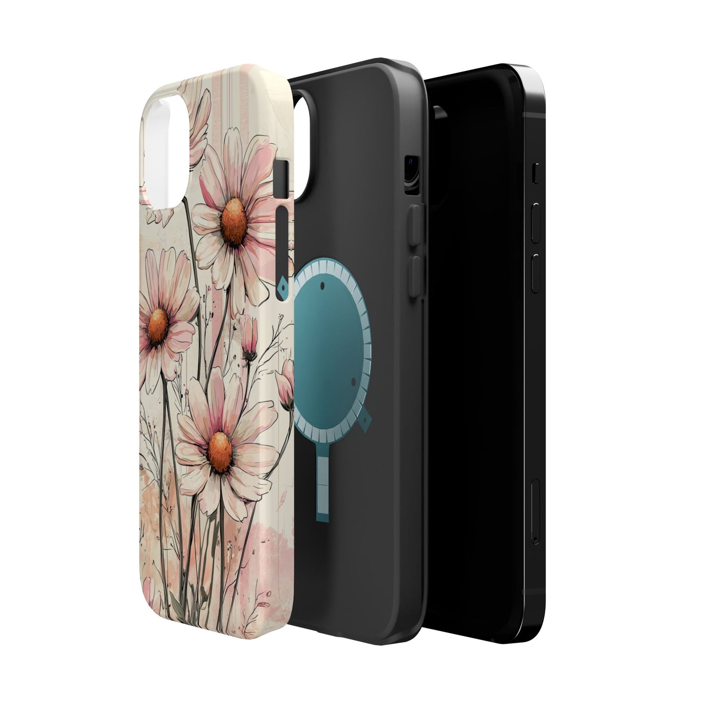 Pastel Pink Daisy MagSafe iPhone Case - Elegant Floral Plaid Protective Cover