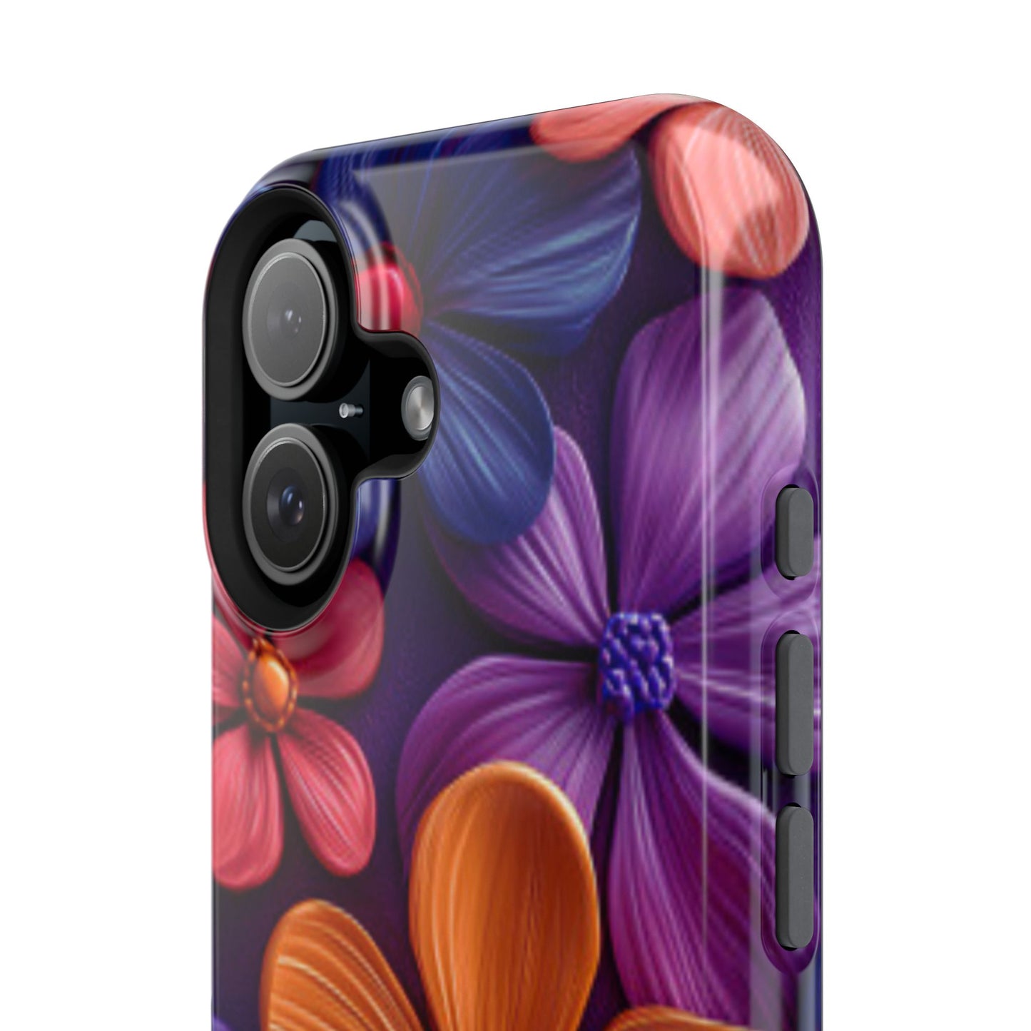 Bold Floral 3D MagSafe iPhone Case – Vivid Purple and Orange Flower Design, Shock-Resistant