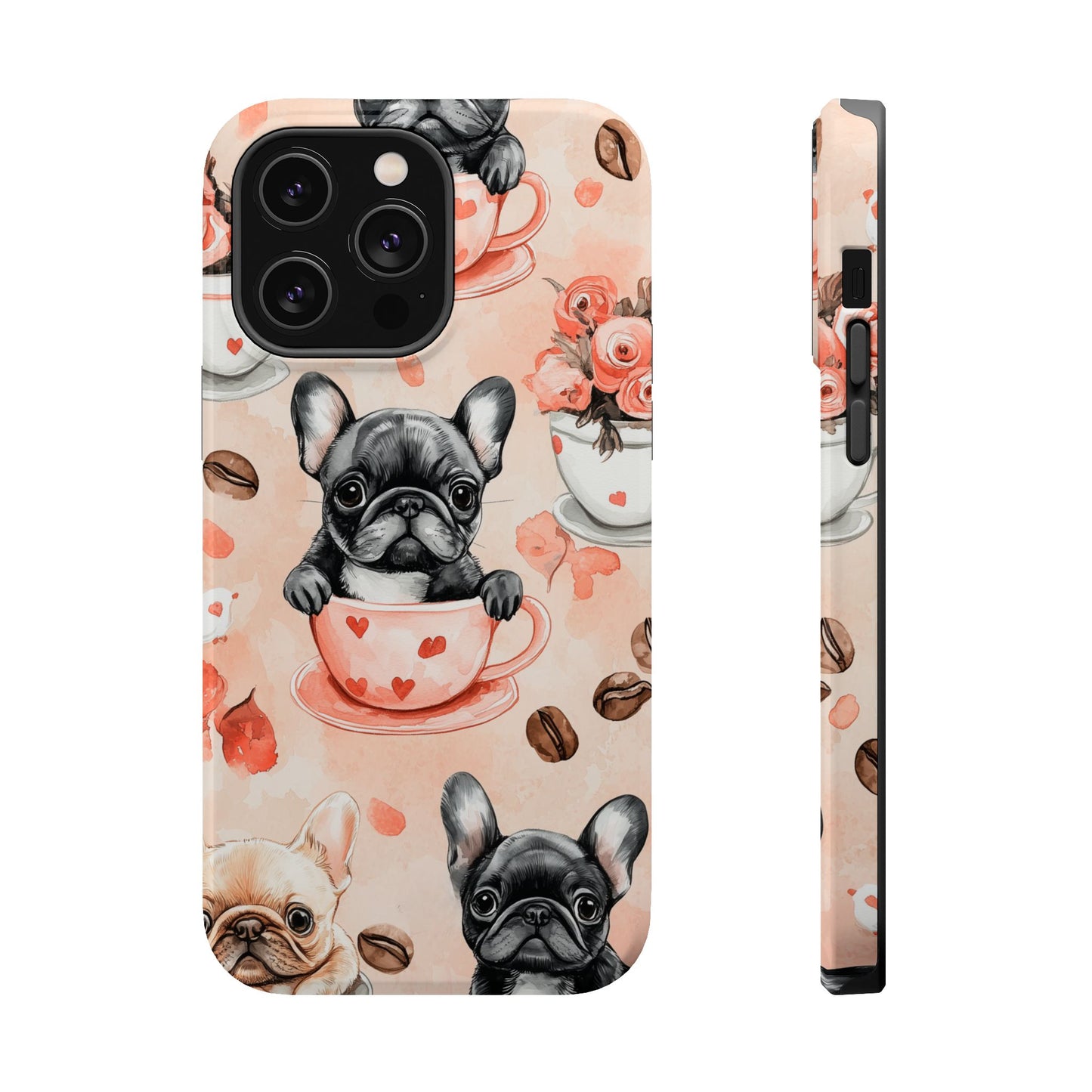 French Bulldogs in Heart Teacups MagSafe iPhone Case – Cute Dog & Floral Design, Shockproof Protection