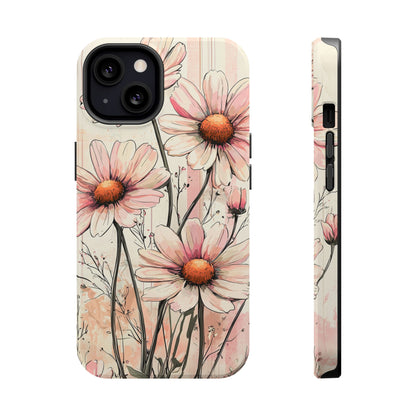 Pastel Pink Daisy MagSafe iPhone Case - Elegant Floral Plaid Protective Cover