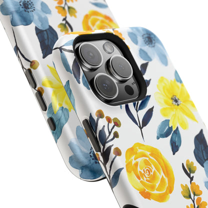 Golden Yellow & Sky Blue Floral – Watercolor Botanical MagSafe iPhone Case