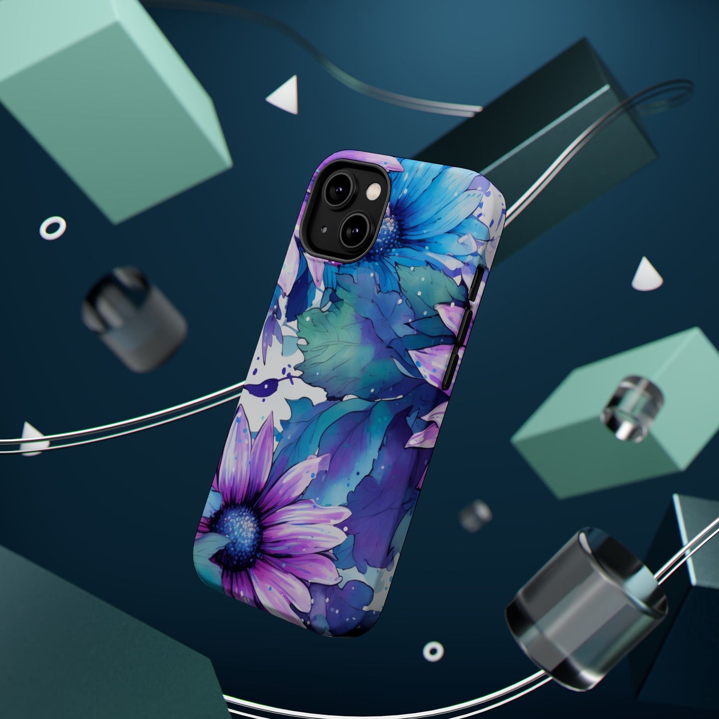 Purple & Teal Watercolor Floral MagSafe iPhone Case - Artistic Flower Design