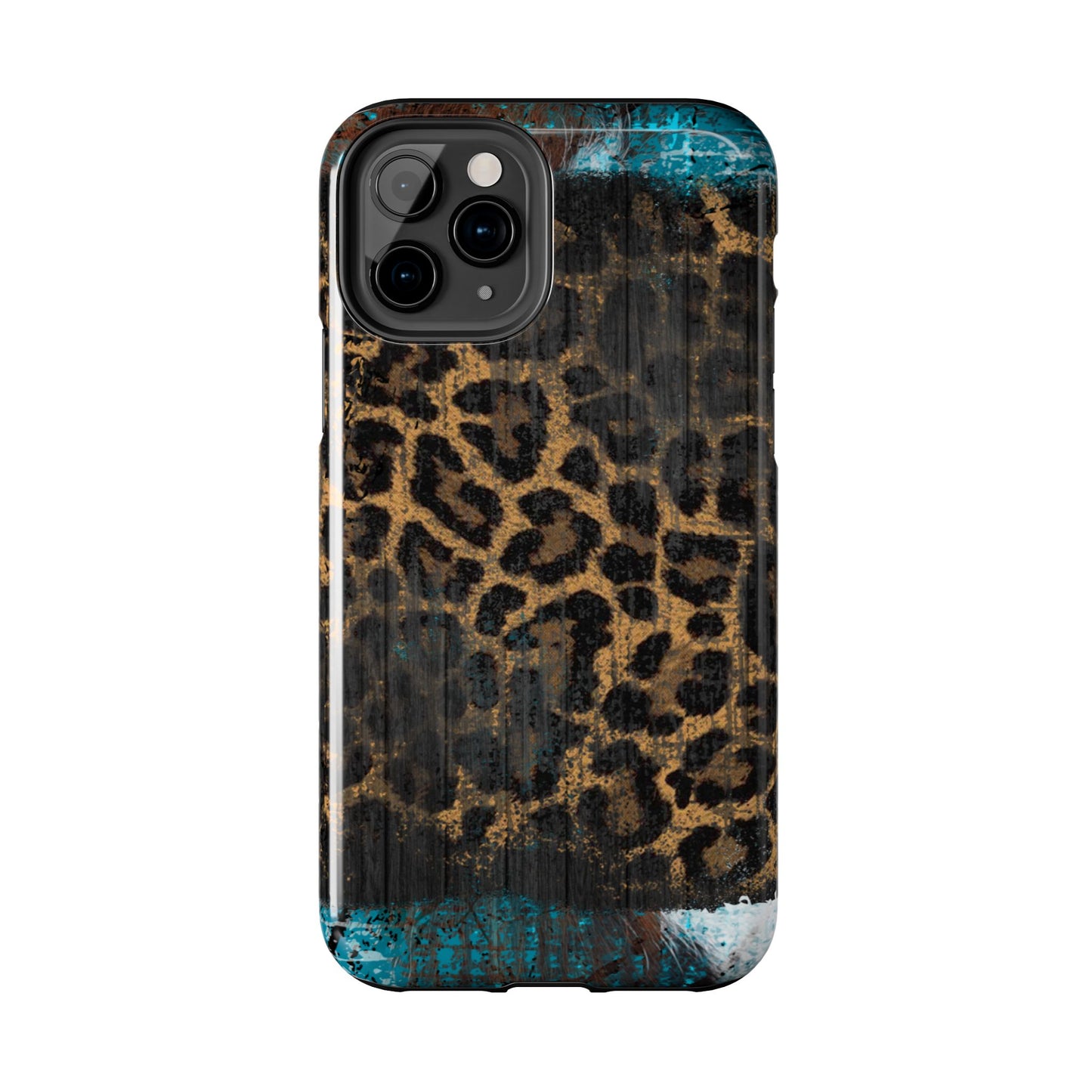 Boho Leopard and Turquoise Tough iPhone Case – Rustic Western Design with Dual-Layer Protection