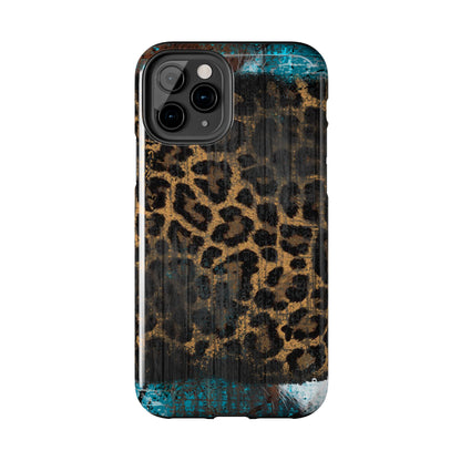 Boho Leopard and Turquoise Tough iPhone Case – Rustic Western Design with Dual-Layer Protection