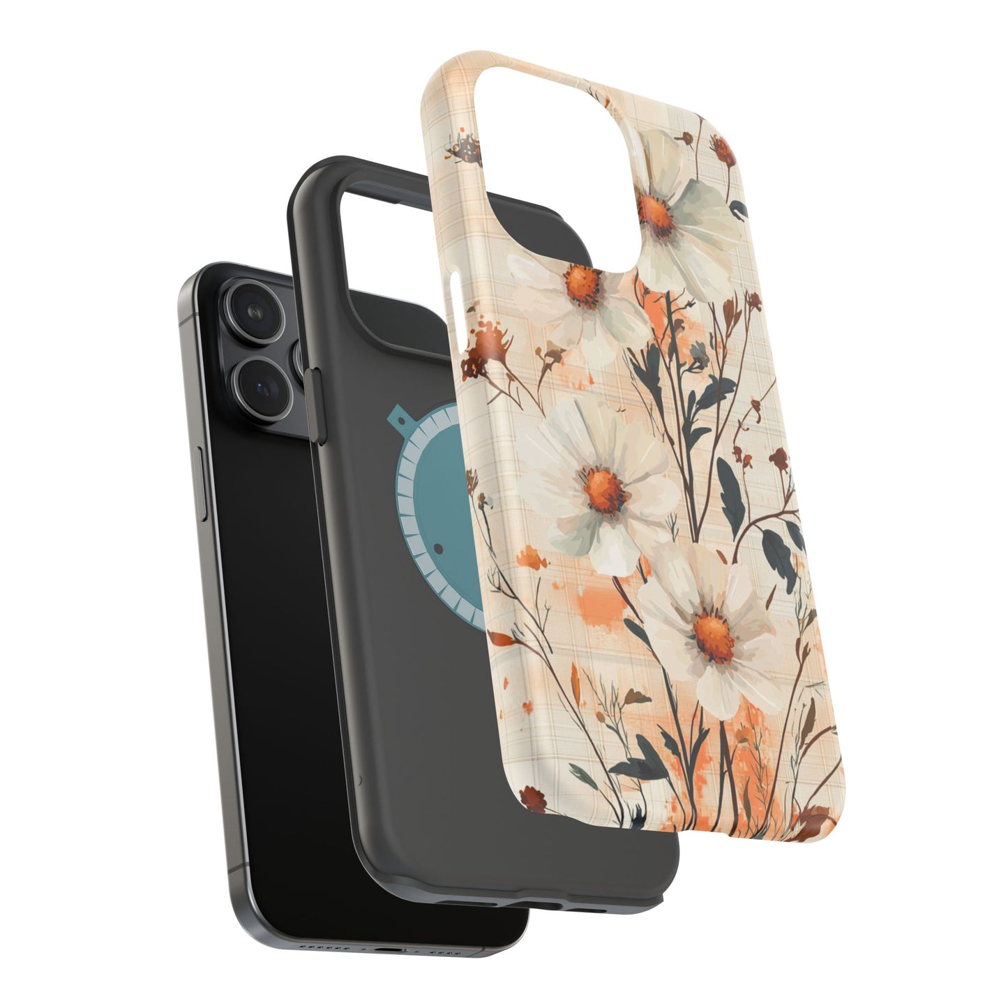 Pastel Orange Floral MagSafe iPhone Case - Elegant Plaid Protective Cover