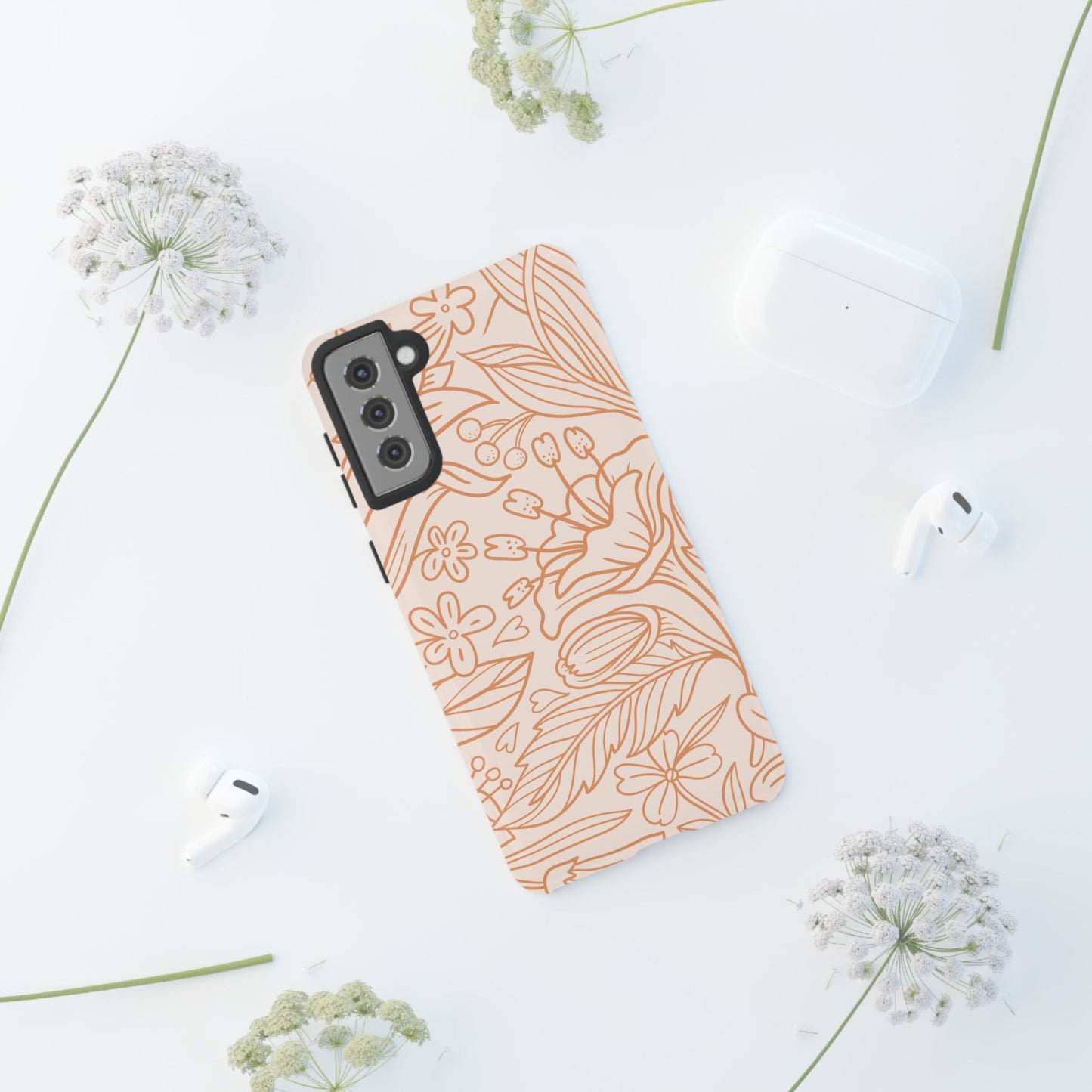 Soft Terracotta Floral Line Art Tough Samsung Galaxy Case – Minimalist Botanical Design with Dual-Layer Protection