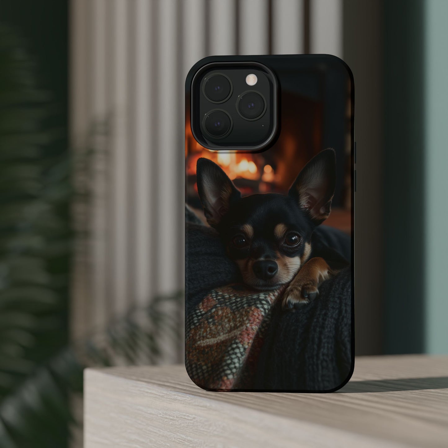 Cozy Chihuahua Fireplace MagSafe iPhone Case – Elegant and Functional Design