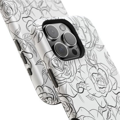 Monochrome Rose Garden Tough MagSafe iPhone Case – Elegant Floral Line Art with Dual-Layer Protection