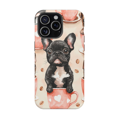 French Bulldogs in Coffee Cup MagSafe iPhone Case – Cute Dog Art, Shockproof & Slim Design