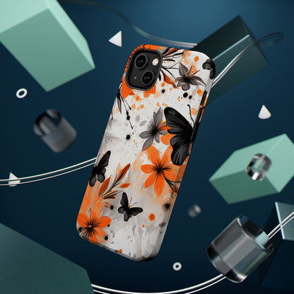 Orange Blossom & Black Butterfly MagSafe iPhone Case – Bold Floral Pattern with Modern Abstract Style