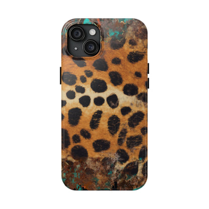 Rustic Leopard Print Tough iPhone Case – Distressed Turquoise and Animal Pattern with Dual-Layer Protection