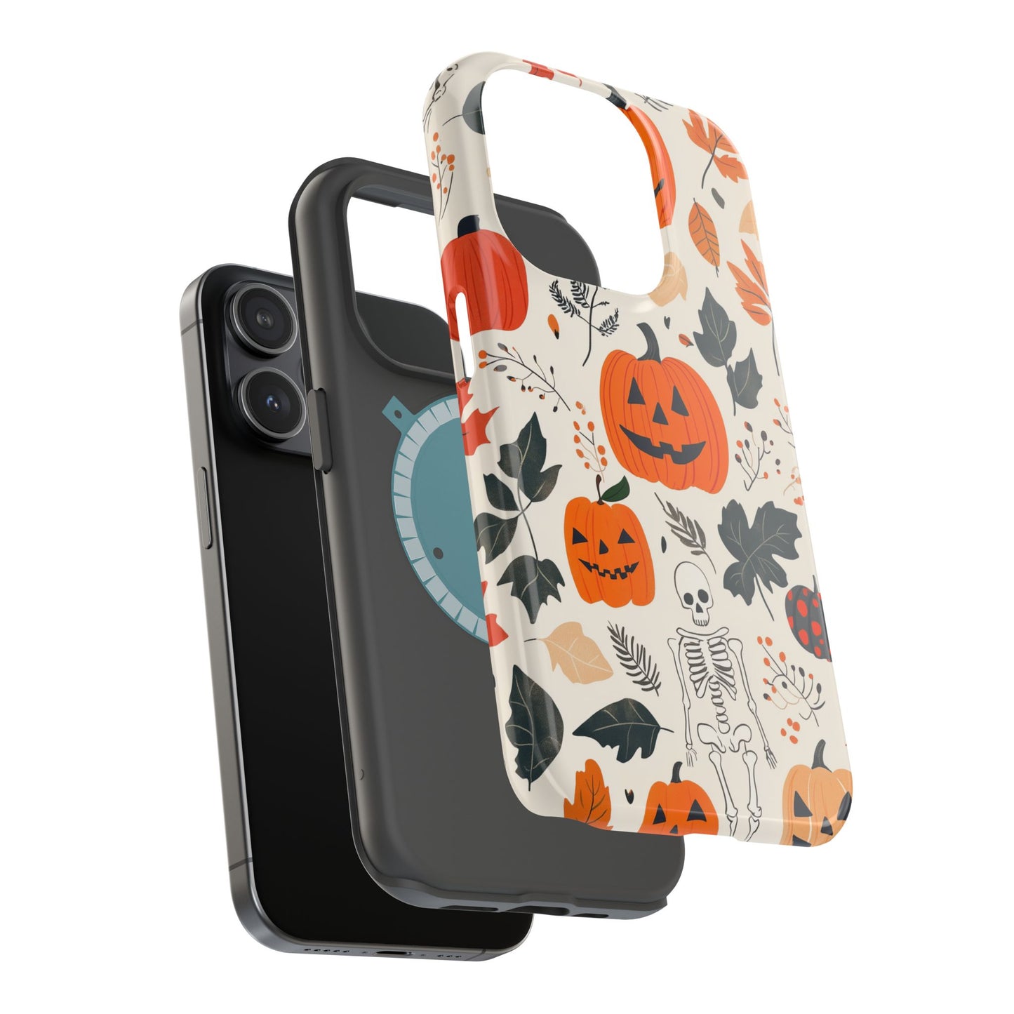 Spooky Pumpkin & Skeleton MagSafe iPhone Case – Halloween Jack-O'-Lantern Design