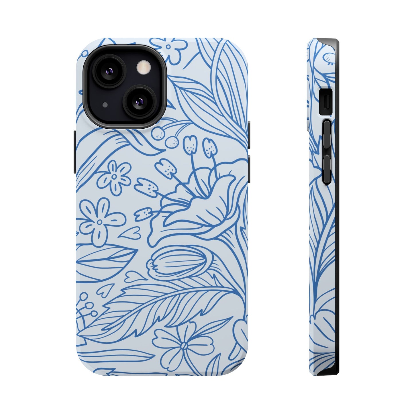 Dusty Blue Floral Line Art Tough MagSafe iPhone Case – Minimalist Botanical Design with Dual-Layer Protection