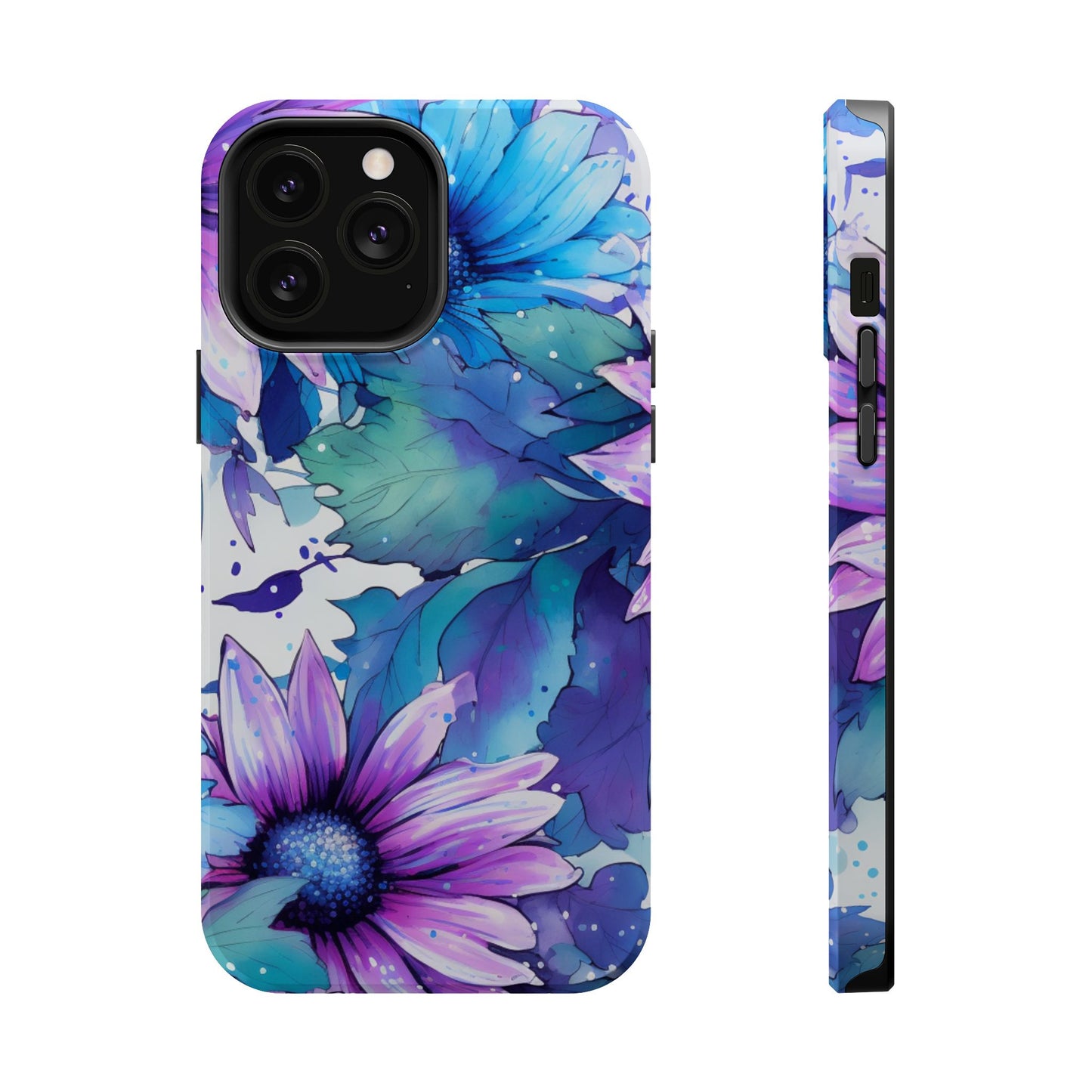 Purple & Teal Watercolor Floral MagSafe iPhone Case - Artistic Flower Design