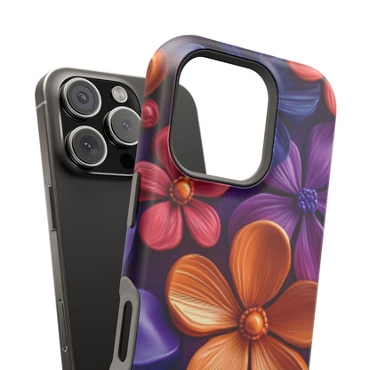 Bold Floral 3D MagSafe iPhone Case – Vivid Purple and Orange Flower Design, Shock-Resistant