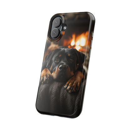 Cozy Rottweiler by the Fireplace MagSafe iPhone Case – Warm Rustic Design