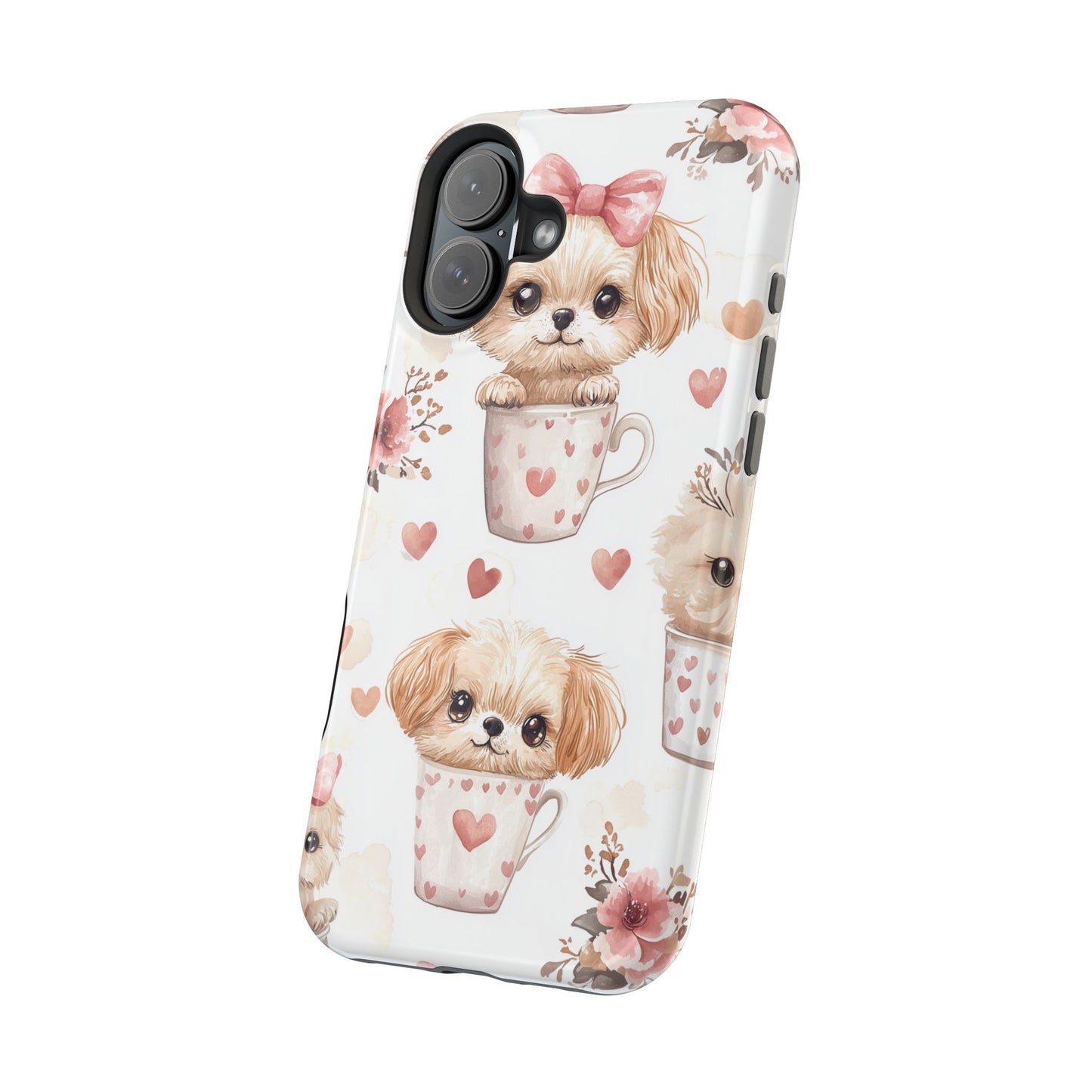 Cute Puppies in Heart MagSafe iPhone Case – Adorable Dog & Floral Design, Shockproof & Slim