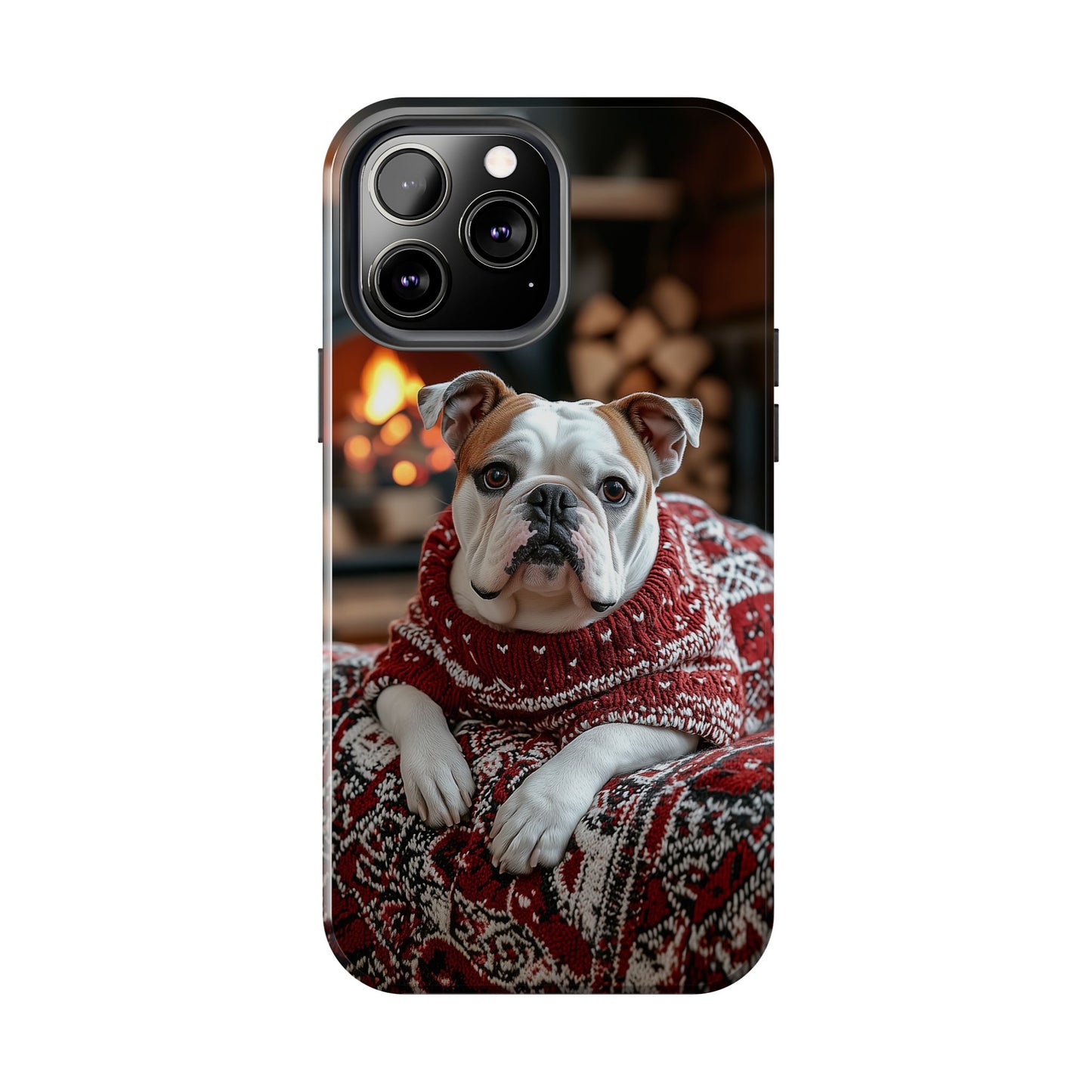 Cozy Bulldog in Sweater iPhone Case – Festive Fireplace Protective Cover