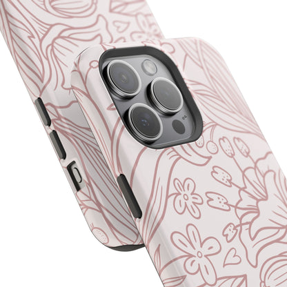 Blush Floral Line Art Tough MagSafe iPhone Case – Delicate Minimalist Design with Dual-Layer Protection