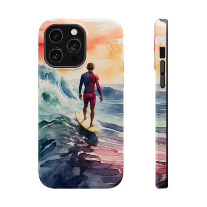 Surfer’s Sunset Wave MagSafe iPhone Case – Vibrant Watercolor Design