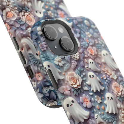 Cute MagSafe Ghosts Flowers Phone Case | Ethereal Clay Style | Autumn and Halloween Aesthetic | Tough Dual Layer Protection