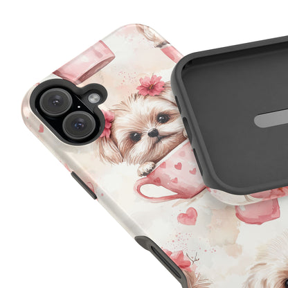 Floral Puppy in Teacup MagSafe iPhone Case – Cute Pink Flower Design, Tough Dual-Layer Protection