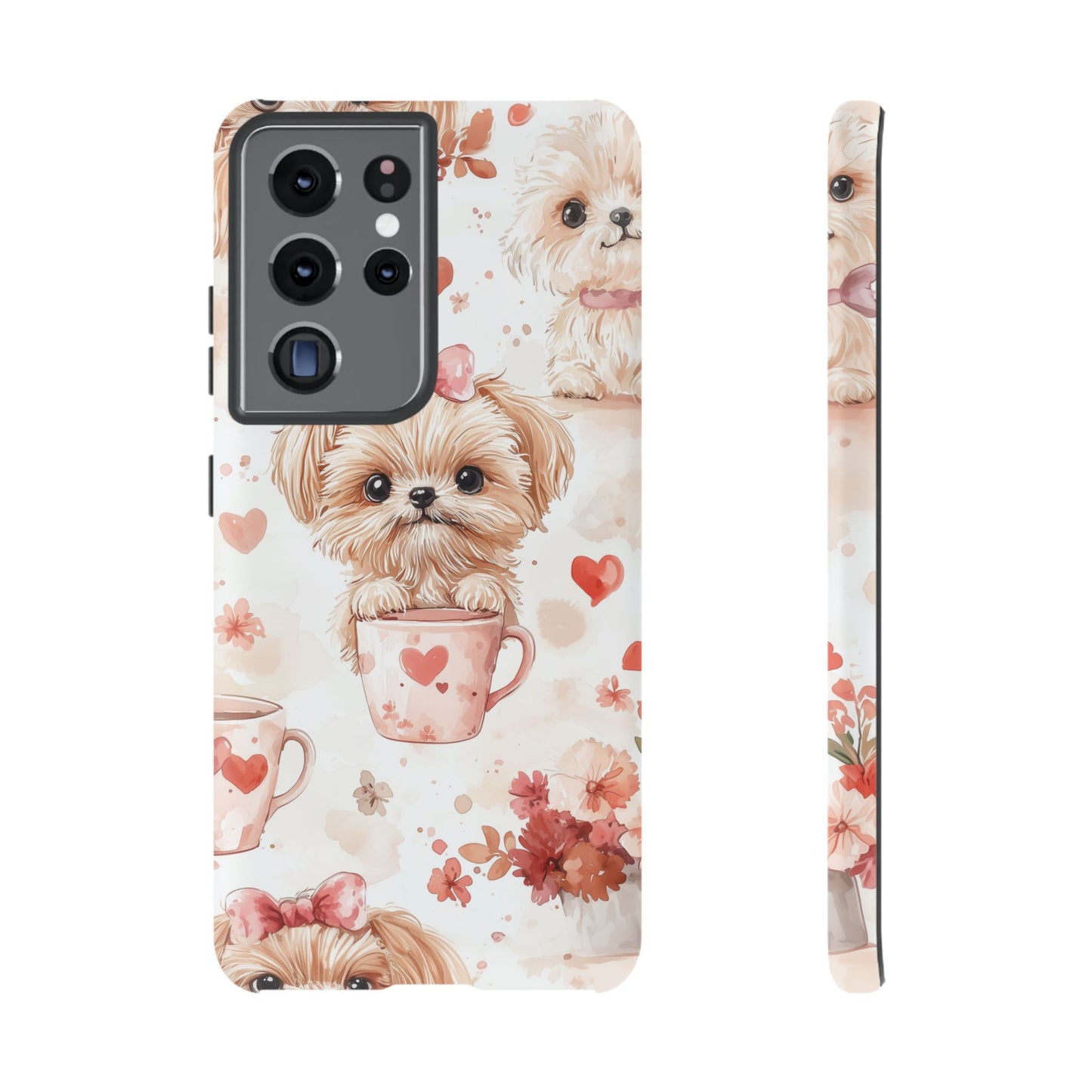 Puppies & Heart Mugs Samsung Galaxy Case – Sweet Dog & Floral Design, Shockproof & Slim