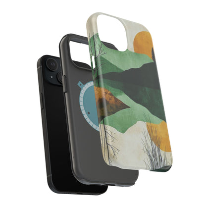 Retro Mountain Sunrise MagSafe iPhone Case – Minimalist Landscape Design, Dual-Layer Protection