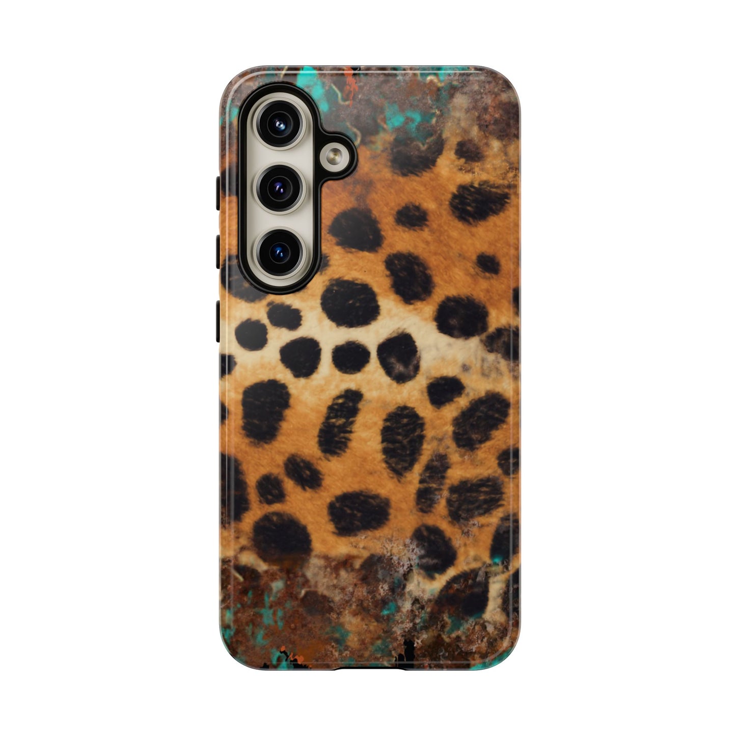 Rustic Leopard Print Tough Samsung Galaxy Case – Distressed Turquoise and Animal Pattern with Dual-Layer Protection