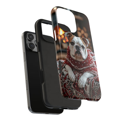 Cozy Bulldog in Sweater iPhone Case – Festive Fireplace Protective Cover