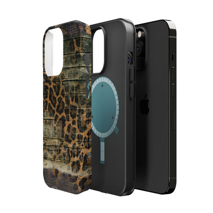 Rustic Wood and Leopard Print Tough MagSafe iPhone Case – Distressed Western Design with Dual-Layer Protection