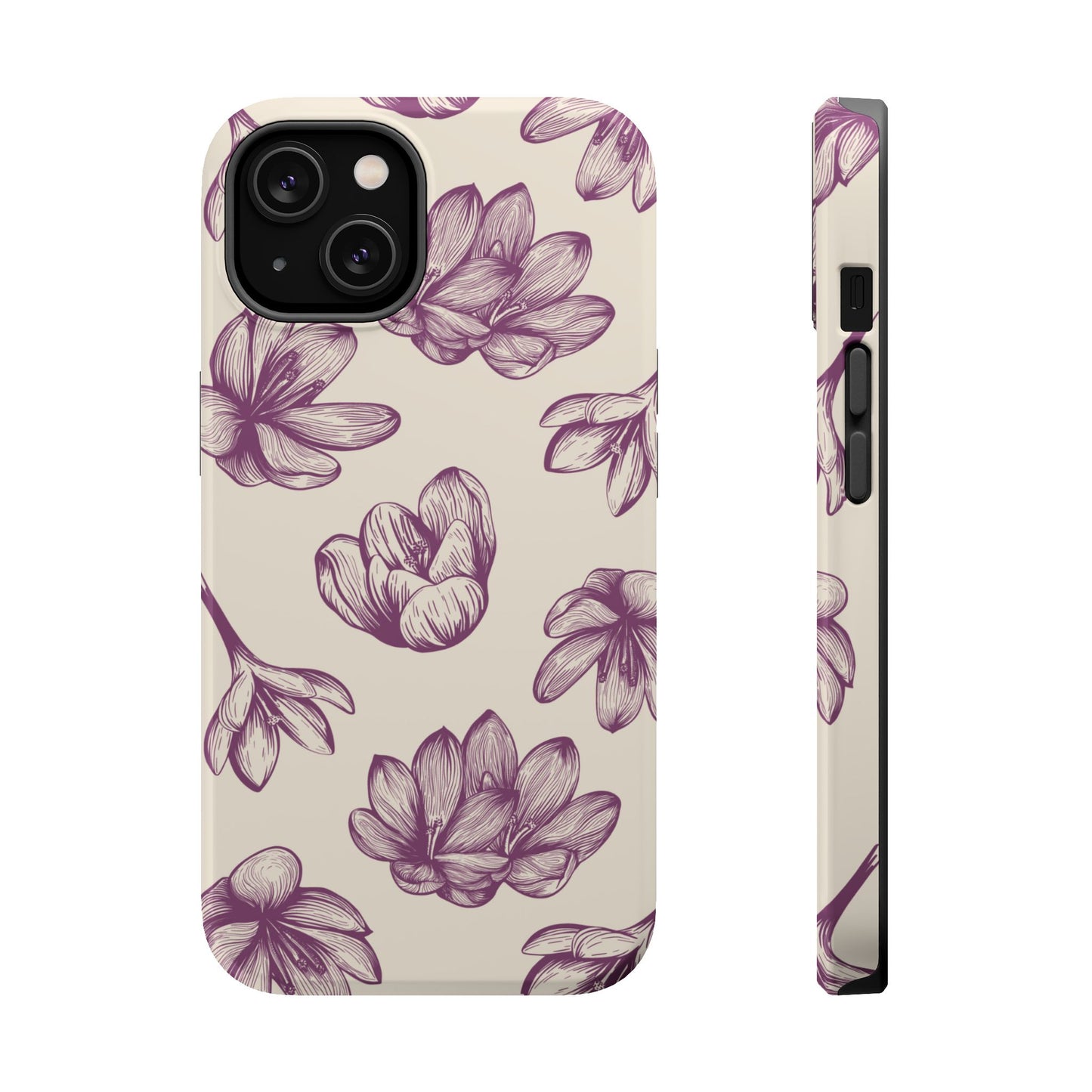 Vintage Botanical Floral Tough MagSafe iPhone Case – Hand-Drawn Purple Flowers, Shockproof Design