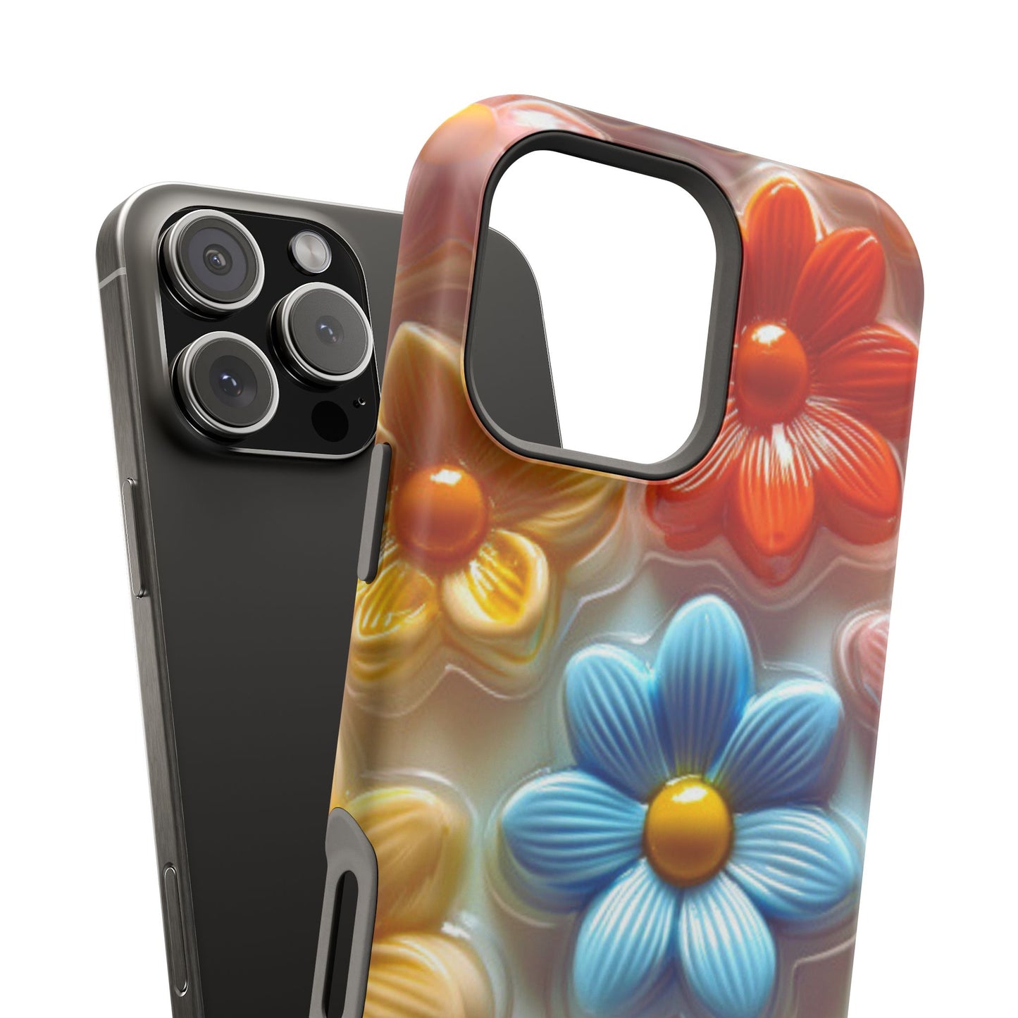 Glossy Retro Flower MagSafe iPhone Case – Colorful 3D Floral Design, Durable Protection