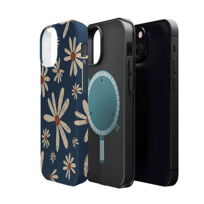 Vintage Daisies MagSafe iPhone Case – Navy Blue Floral Design, Scratch-Resistant with Shock-Absorbing Bumper