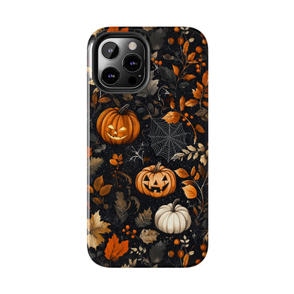 Elegant Halloween iPhone Case – Pumpkin Jack-o'-Lanterns, Cobwebs & Autumn Foliage Design