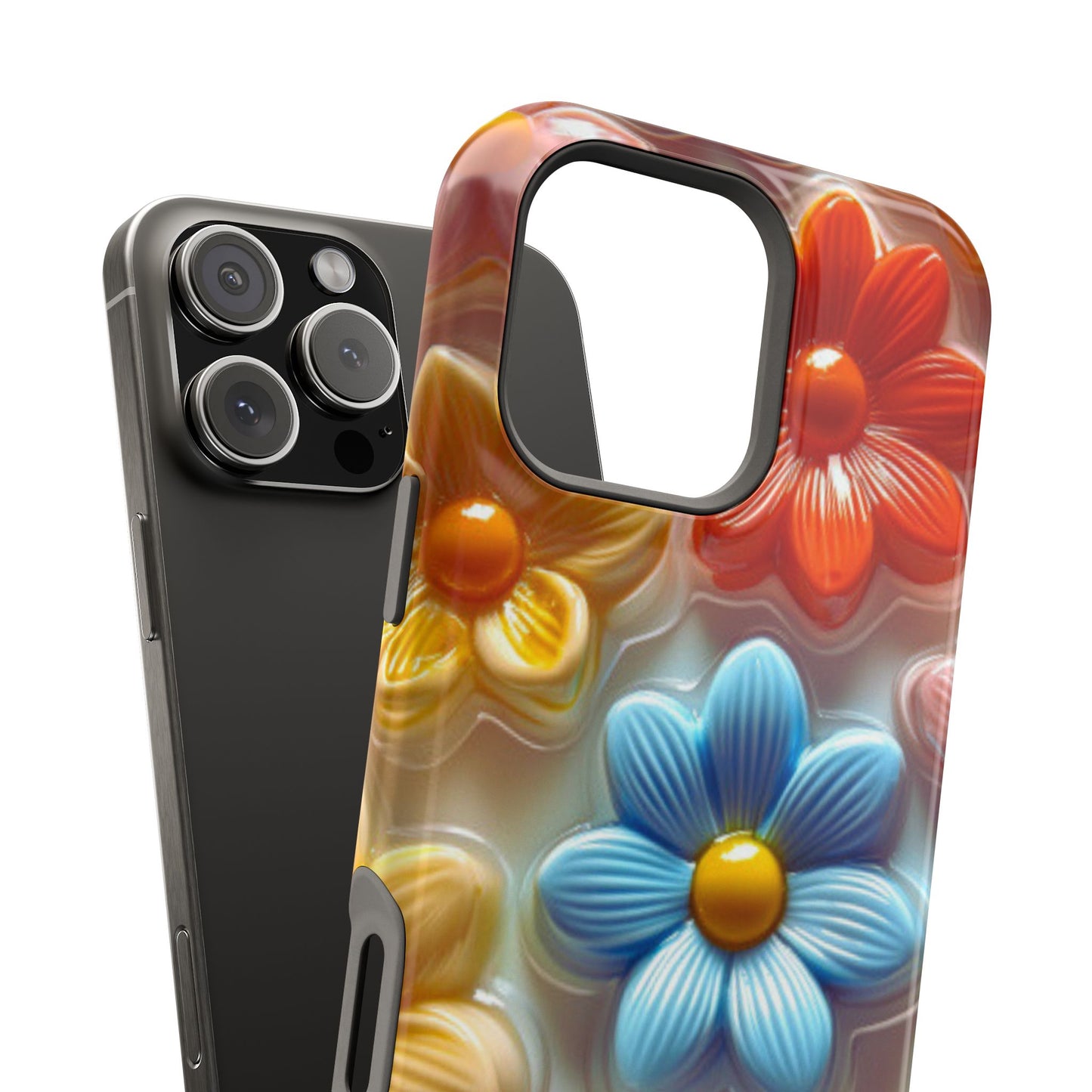 Glossy Retro Flower MagSafe iPhone Case – Colorful 3D Floral Design, Durable Protection