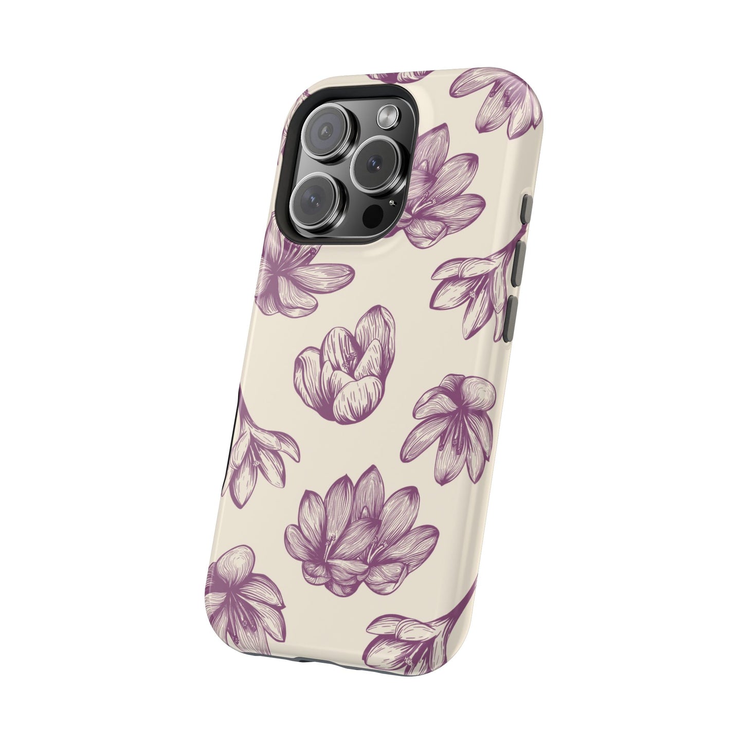 Vintage Botanical Floral Tough MagSafe iPhone Case – Hand-Drawn Purple Flowers, Shockproof Design