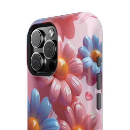 Pastel Daisy 3D MagSafe iPhone Case – Glossy Pink and Blue Floral Design, Full Protection