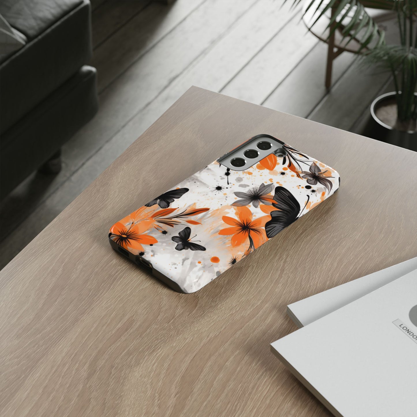 Orange Blossom & Black Butterfly Samsung Galaxy Case – Bold Floral Pattern with Modern Abstract Style