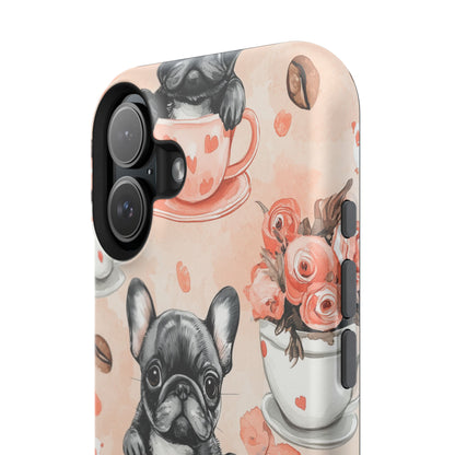 French Bulldogs in Heart Teacups MagSafe iPhone Case – Cute Dog & Floral Design, Shockproof Protection