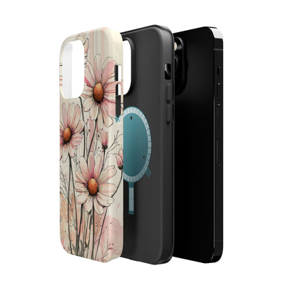 Pastel Pink Daisy MagSafe iPhone Case - Elegant Floral Plaid Protective Cover