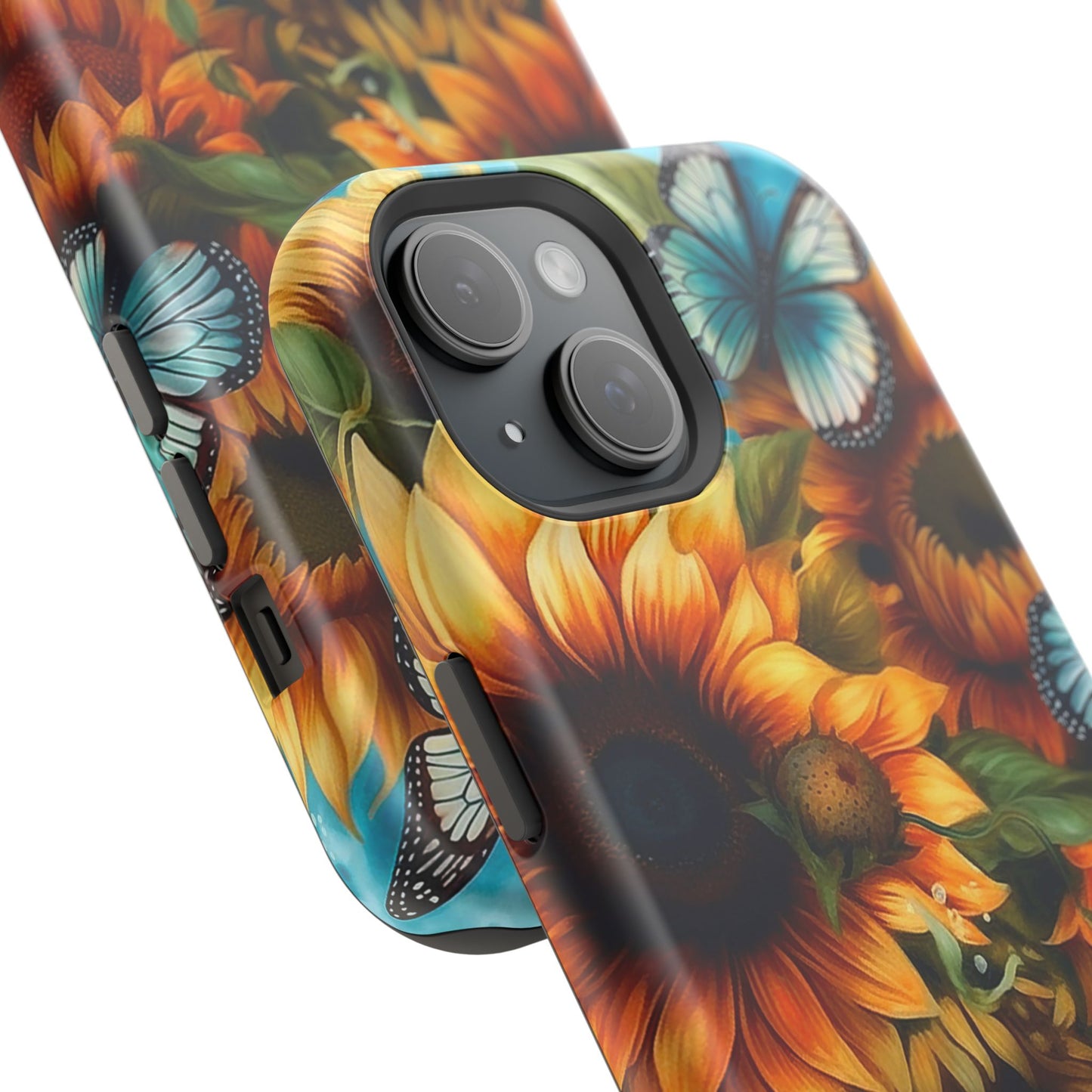 Aqua Blue Butterfly & Sunflower Art – MagSafe iPhone Case