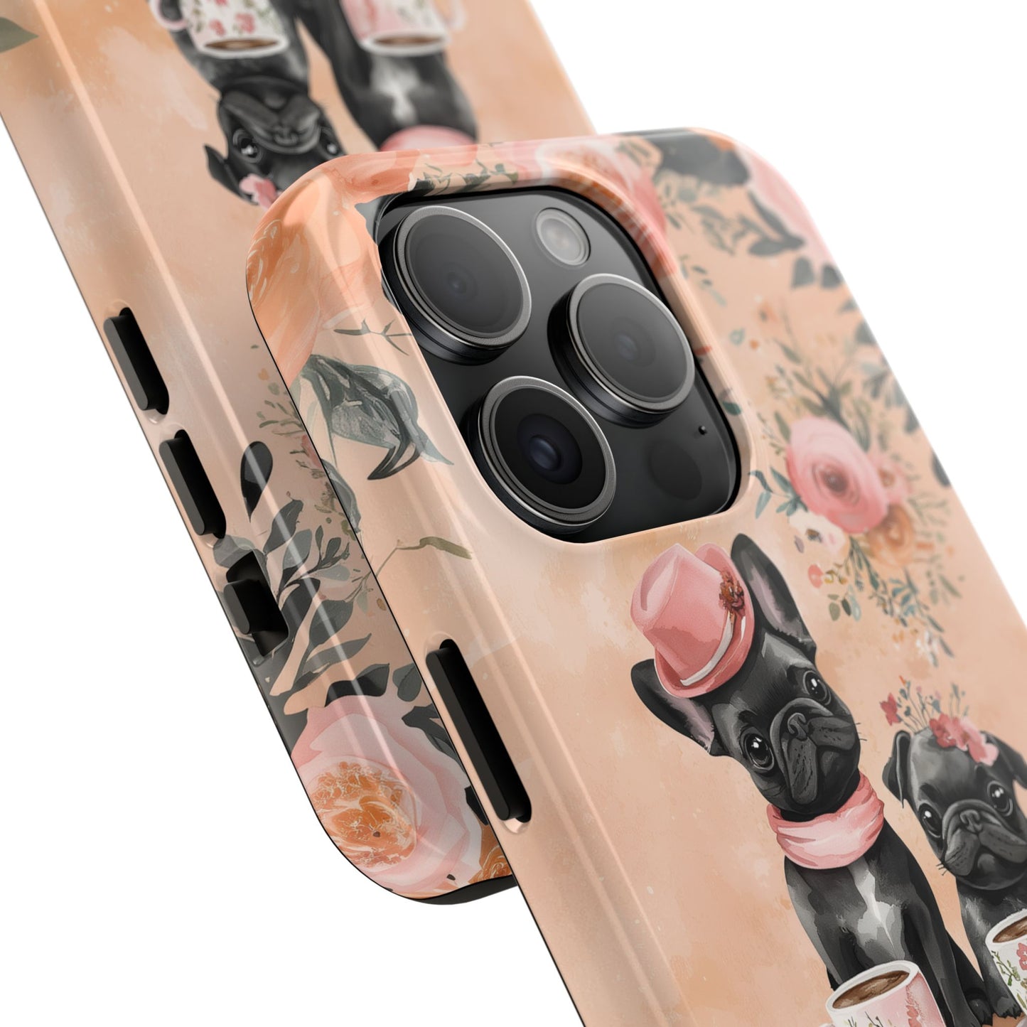 Floral French Bulldogs iPhone Case – Elegant Dog Design with Tea Cups & Roses, Shockproof Protection - BOGO Cases