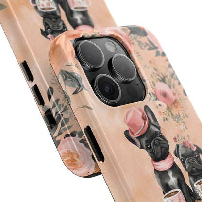 Floral French Bulldogs iPhone Case – Elegant Dog Design with Tea Cups & Roses, Shockproof Protection - BOGO Cases