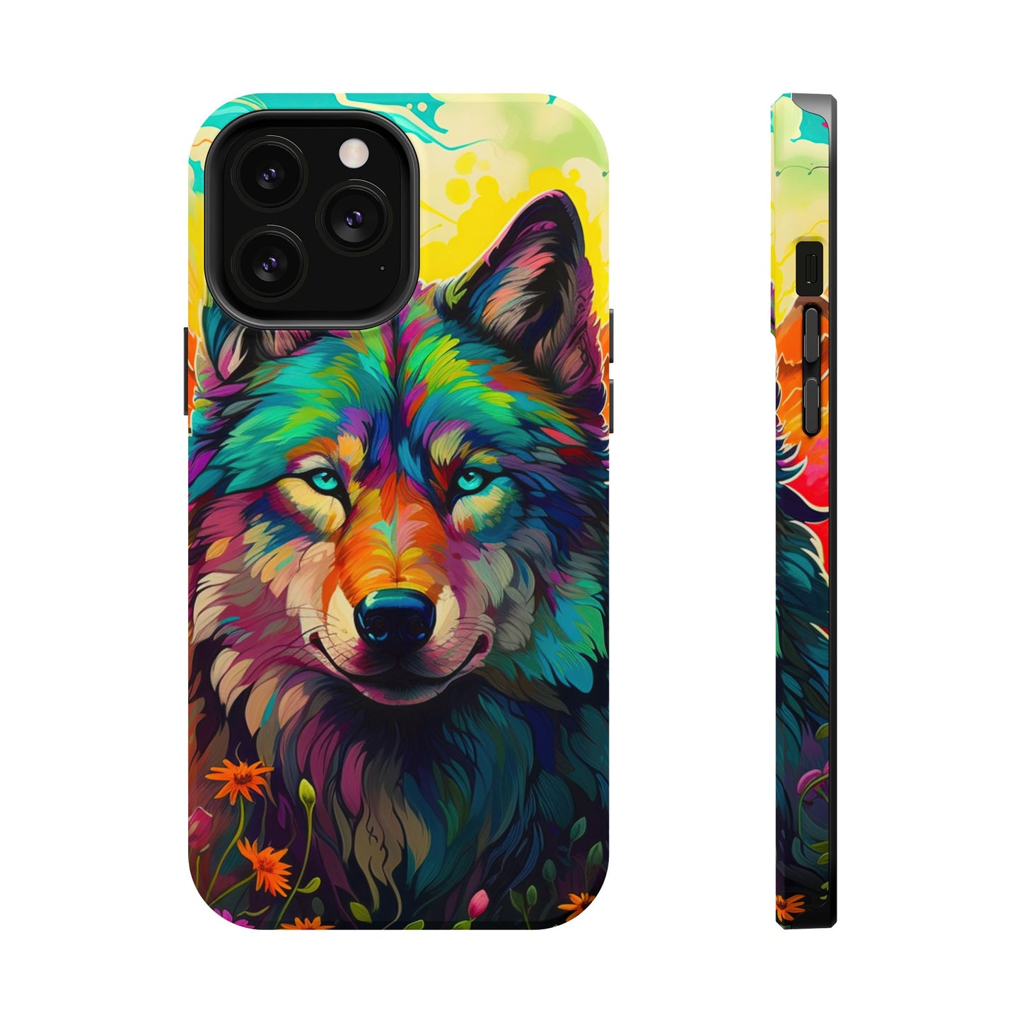 Rainbow Wolf in Bloom – MagSafe iPhone Case with Nature-Inspired Design