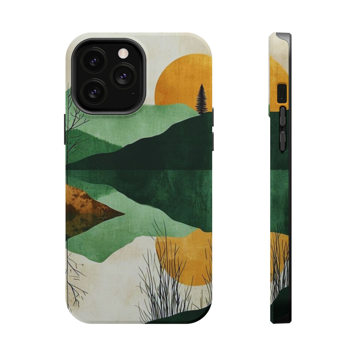 Retro Mountain Sunrise MagSafe iPhone Case – Minimalist Landscape Design, Dual-Layer Protection